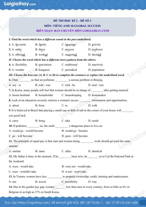 Đề thi học kì 2 Tiếng Anh 10 Global Success - Đề số 1